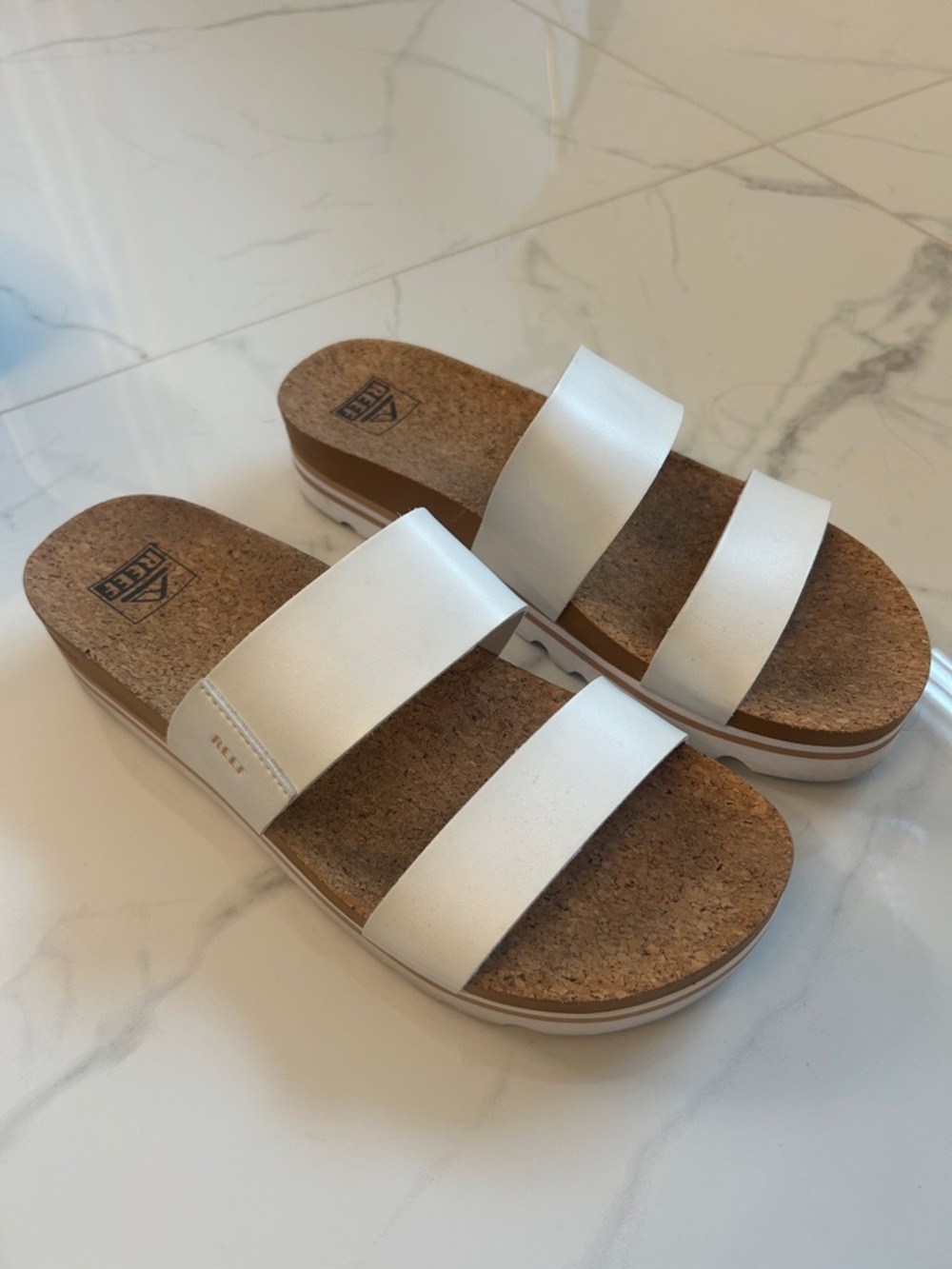 Reef White Double-Strap Cork Slide Sandals with Cushioned Footbed